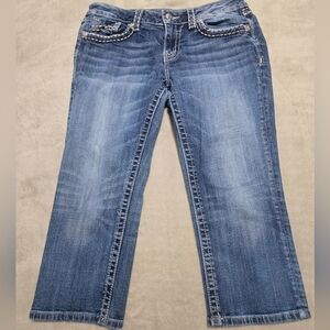 Miss Me Cuffed Capri Denim Blue Jeans Sz 31 Embroidered Rhinestone Preppy Rock